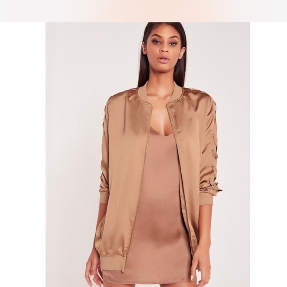 Carli Bybel Missguided Lace Up Arm Satin Long Bomber Jacket Tan Sz 8 Relaxed Fit - Picture 12 of 13